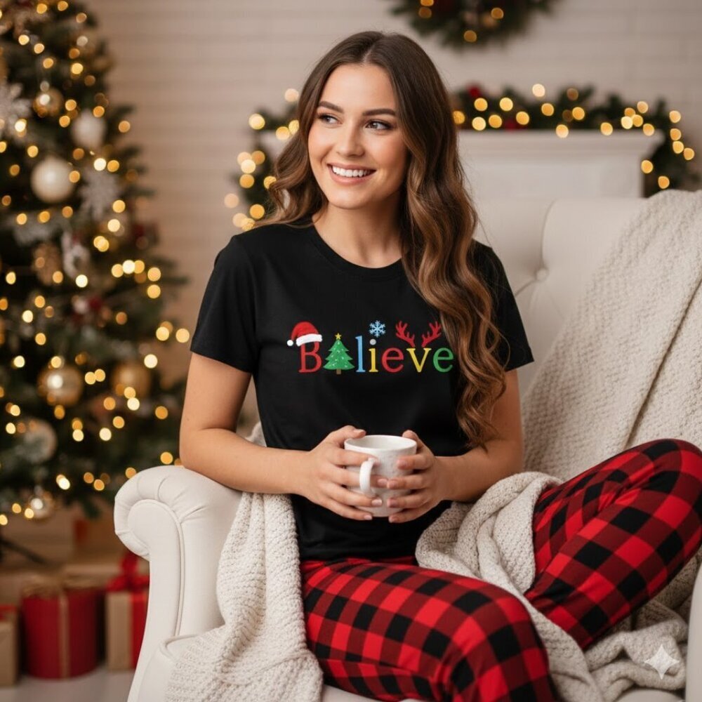 🎄 Cozy & Cute Holiday PJ Set - "Believe" Top & Buffalo Plaid Bottoms! 🎁